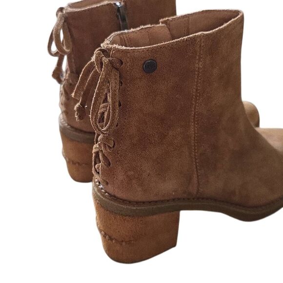 UGG Women's Size 7 Camel Suede Lace Back Side Zip Heeled Ankle Booties - Picture 7 of 9